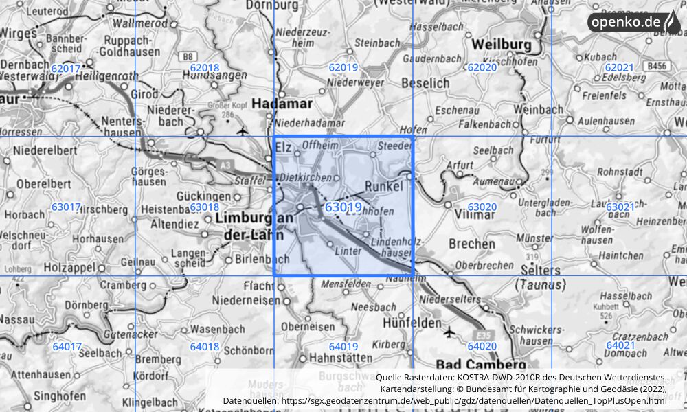 Übersichtskarte KOSTRA-DWD-2010R Rasterfeld Nr. 63019 mit angrenzenden Feldern