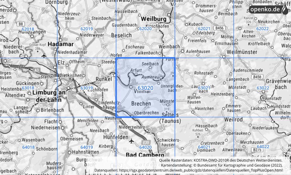 Übersichtskarte KOSTRA-DWD-2010R Rasterfeld Nr. 63020 mit angrenzenden Feldern