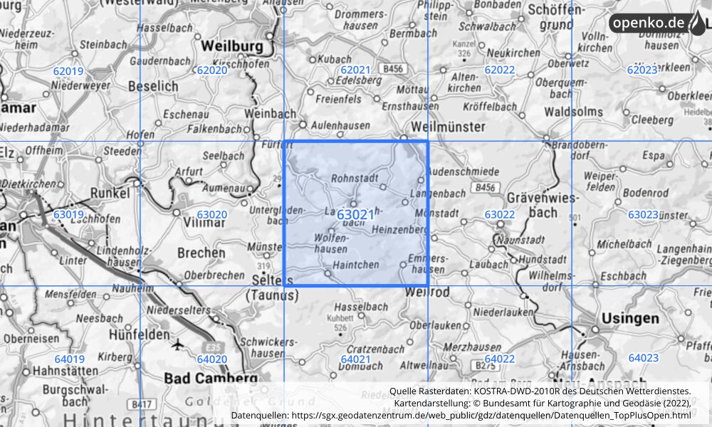 Übersichtskarte KOSTRA-DWD-2010R Rasterfeld Nr. 63021 mit angrenzenden Feldern