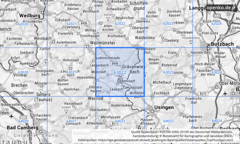 Übersichtskarte KOSTRA-DWD-2010R Rasterfeld Nr. 63022 mit angrenzenden Feldern