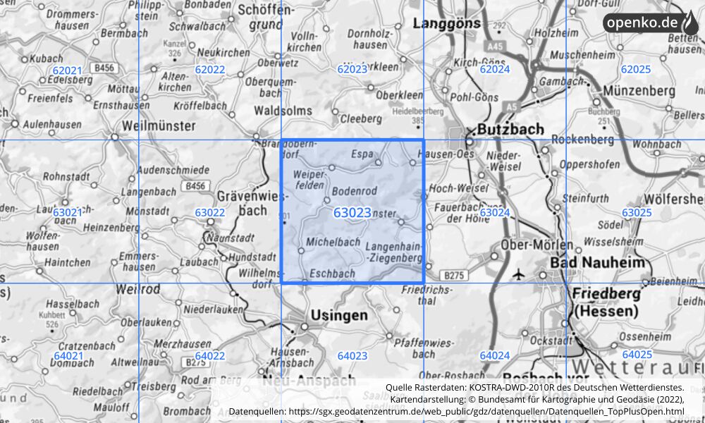 Übersichtskarte KOSTRA-DWD-2010R Rasterfeld Nr. 63023 mit angrenzenden Feldern