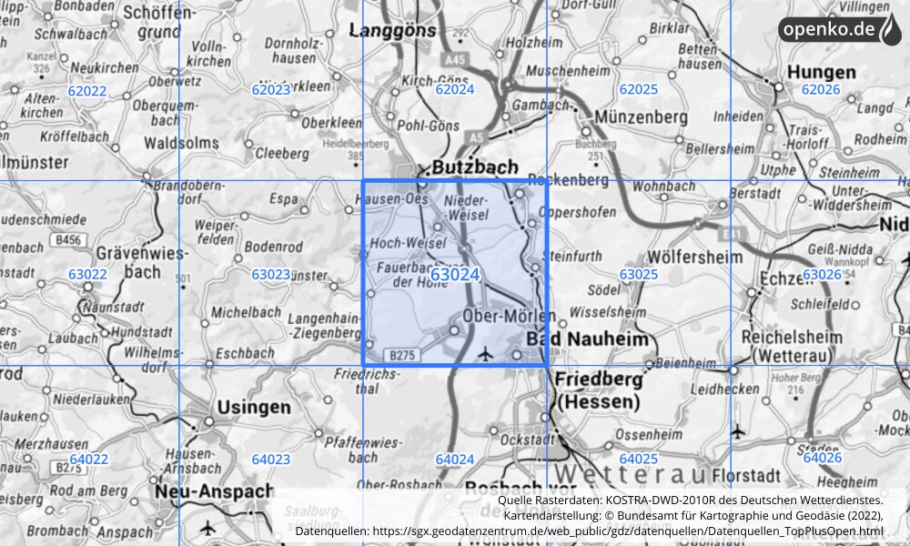 Übersichtskarte KOSTRA-DWD-2010R Rasterfeld Nr. 63024 mit angrenzenden Feldern