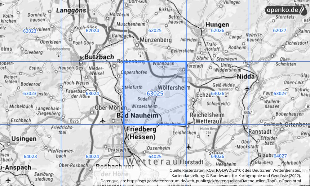 Übersichtskarte KOSTRA-DWD-2010R Rasterfeld Nr. 63025 mit angrenzenden Feldern