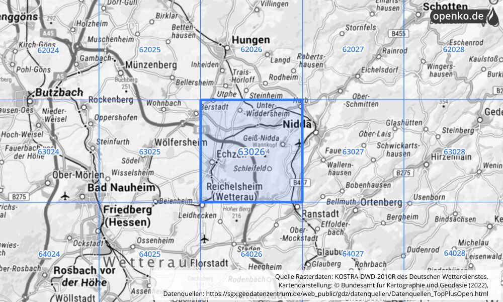 Übersichtskarte KOSTRA-DWD-2010R Rasterfeld Nr. 63026 mit angrenzenden Feldern