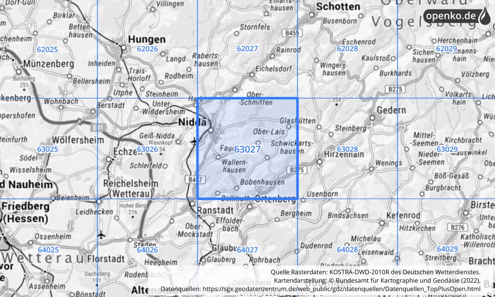 Übersichtskarte KOSTRA-DWD-2010R Rasterfeld Nr. 63027 mit angrenzenden Feldern