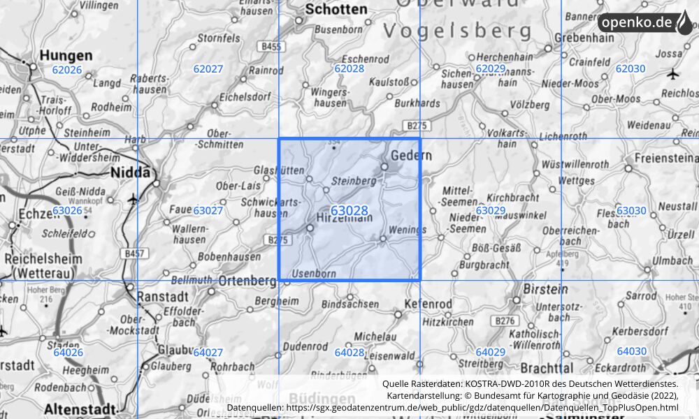 Übersichtskarte KOSTRA-DWD-2010R Rasterfeld Nr. 63028 mit angrenzenden Feldern