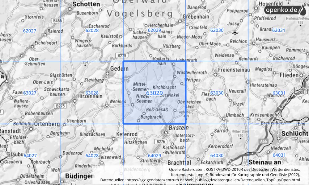 Übersichtskarte KOSTRA-DWD-2010R Rasterfeld Nr. 63029 mit angrenzenden Feldern