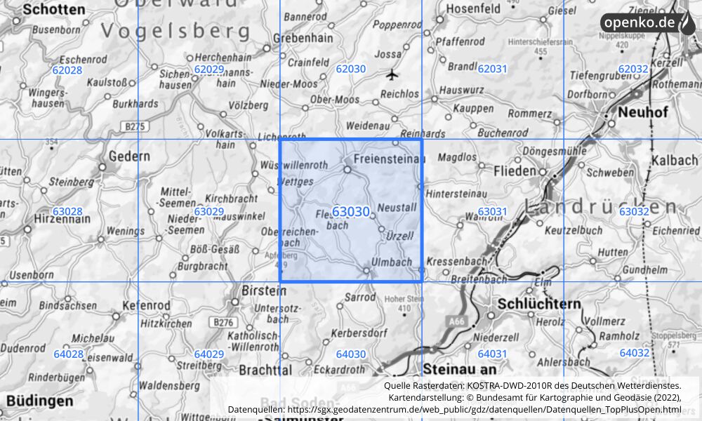 Übersichtskarte KOSTRA-DWD-2010R Rasterfeld Nr. 63030 mit angrenzenden Feldern