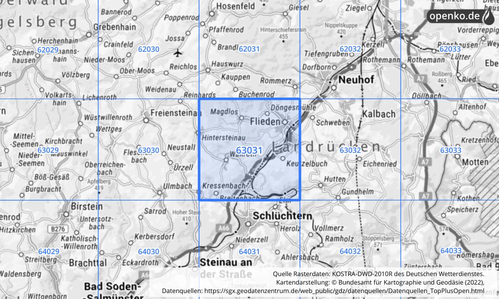 Übersichtskarte KOSTRA-DWD-2010R Rasterfeld Nr. 63031 mit angrenzenden Feldern