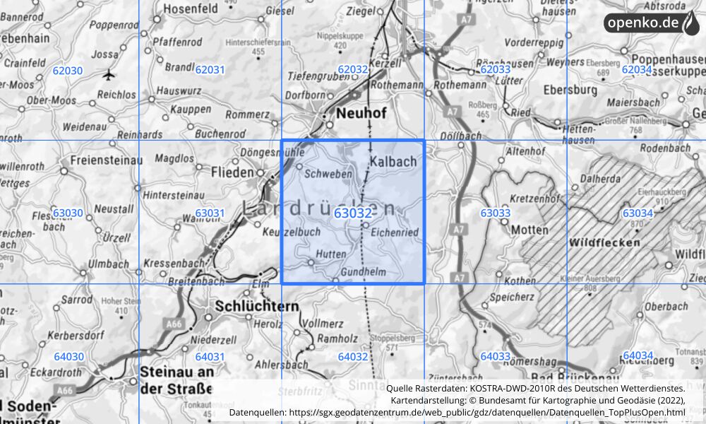 Übersichtskarte KOSTRA-DWD-2010R Rasterfeld Nr. 63032 mit angrenzenden Feldern