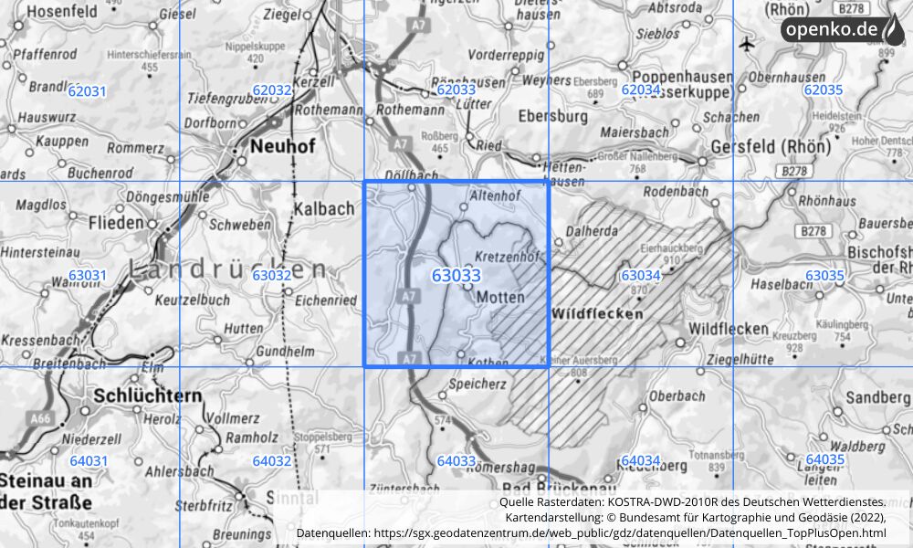 Übersichtskarte KOSTRA-DWD-2010R Rasterfeld Nr. 63033 mit angrenzenden Feldern