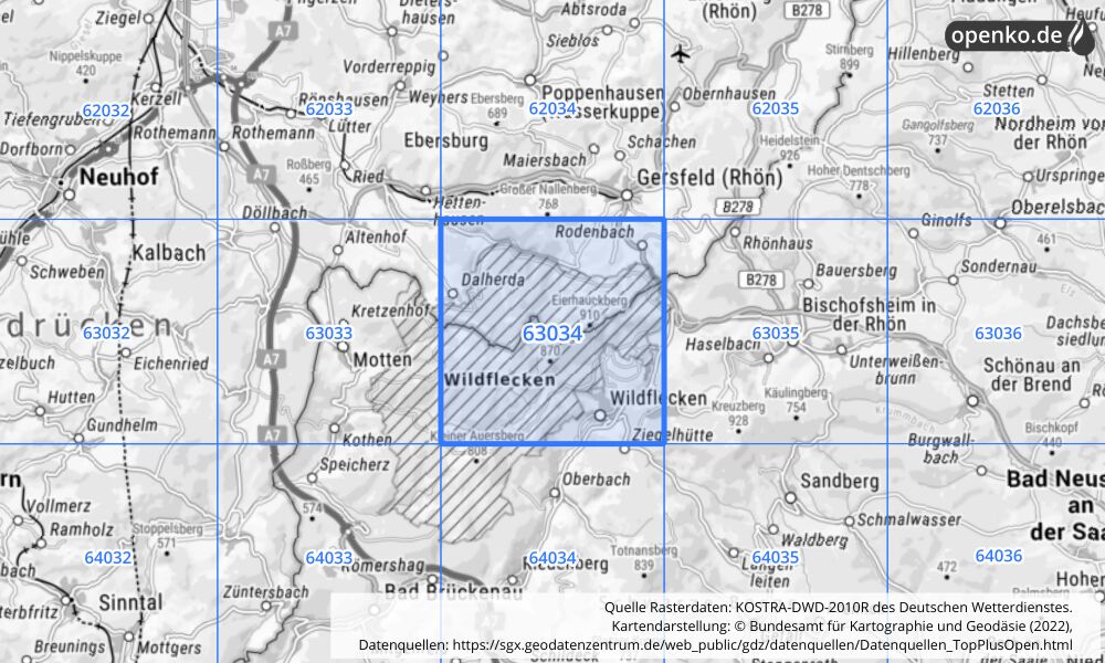 Übersichtskarte KOSTRA-DWD-2010R Rasterfeld Nr. 63034 mit angrenzenden Feldern