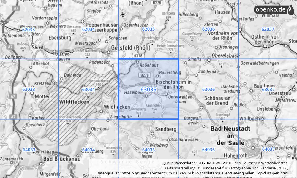 Übersichtskarte KOSTRA-DWD-2010R Rasterfeld Nr. 63035 mit angrenzenden Feldern