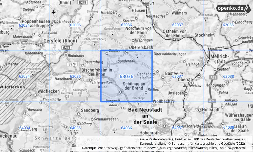 Übersichtskarte KOSTRA-DWD-2010R Rasterfeld Nr. 63036 mit angrenzenden Feldern