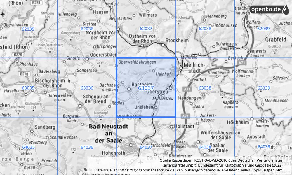 Übersichtskarte KOSTRA-DWD-2010R Rasterfeld Nr. 63037 mit angrenzenden Feldern