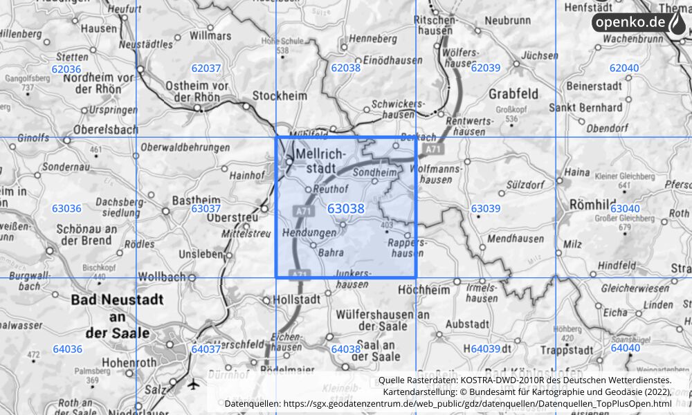 Übersichtskarte KOSTRA-DWD-2010R Rasterfeld Nr. 63038 mit angrenzenden Feldern