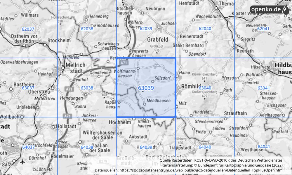 Übersichtskarte KOSTRA-DWD-2010R Rasterfeld Nr. 63039 mit angrenzenden Feldern