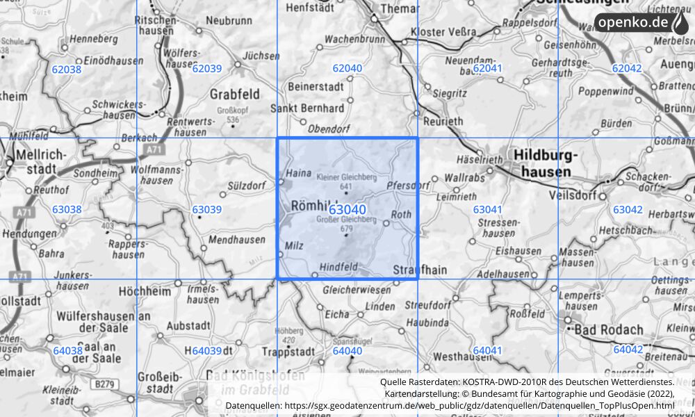 Übersichtskarte KOSTRA-DWD-2010R Rasterfeld Nr. 63040 mit angrenzenden Feldern