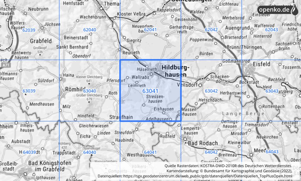 Übersichtskarte KOSTRA-DWD-2010R Rasterfeld Nr. 63041 mit angrenzenden Feldern