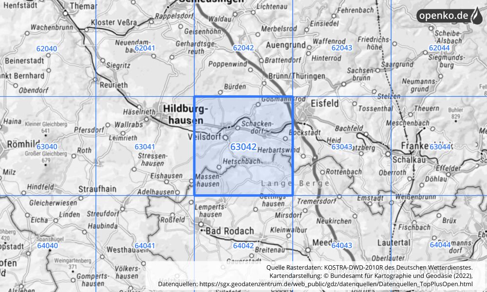 Übersichtskarte KOSTRA-DWD-2010R Rasterfeld Nr. 63042 mit angrenzenden Feldern