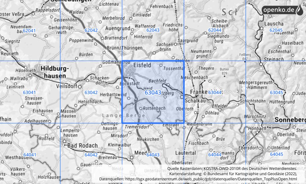 Übersichtskarte KOSTRA-DWD-2010R Rasterfeld Nr. 63043 mit angrenzenden Feldern