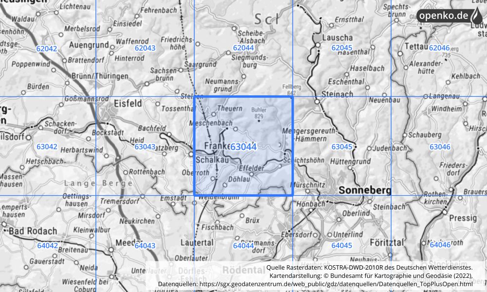 Übersichtskarte KOSTRA-DWD-2010R Rasterfeld Nr. 63044 mit angrenzenden Feldern