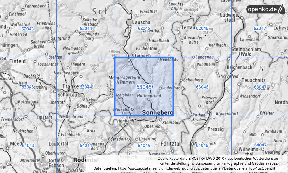 Übersichtskarte KOSTRA-DWD-2010R Rasterfeld Nr. 63045 mit angrenzenden Feldern