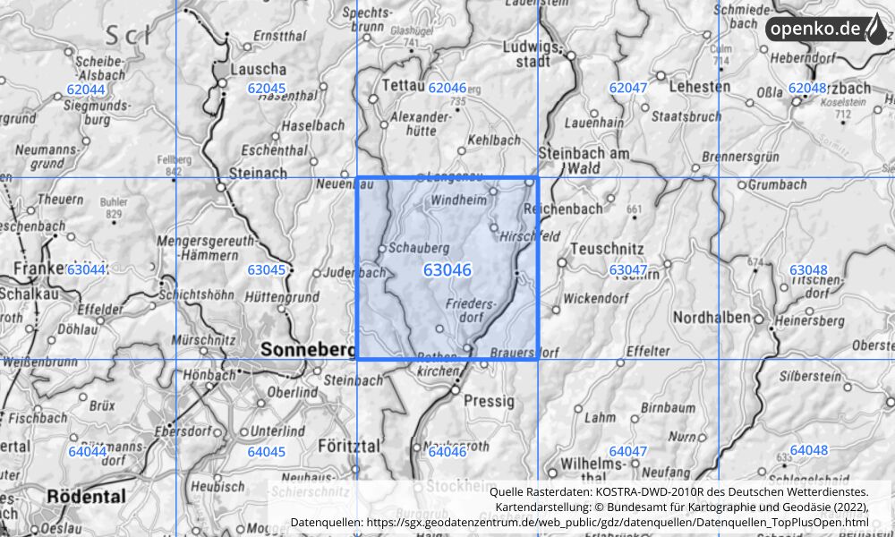 Übersichtskarte KOSTRA-DWD-2010R Rasterfeld Nr. 63046 mit angrenzenden Feldern