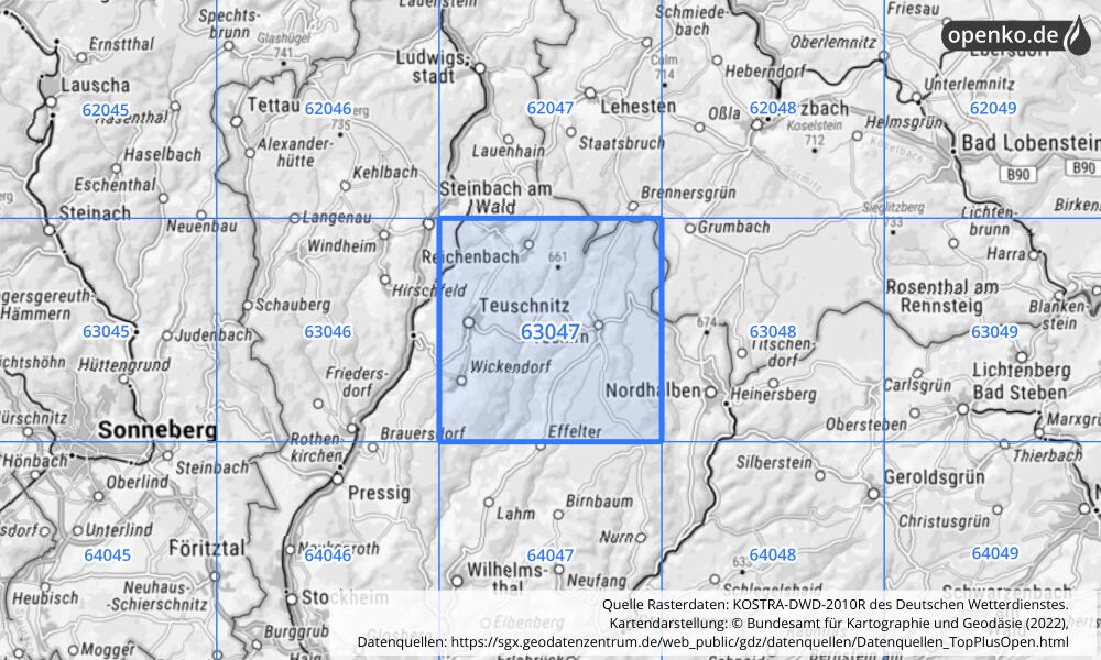 Übersichtskarte KOSTRA-DWD-2010R Rasterfeld Nr. 63047 mit angrenzenden Feldern