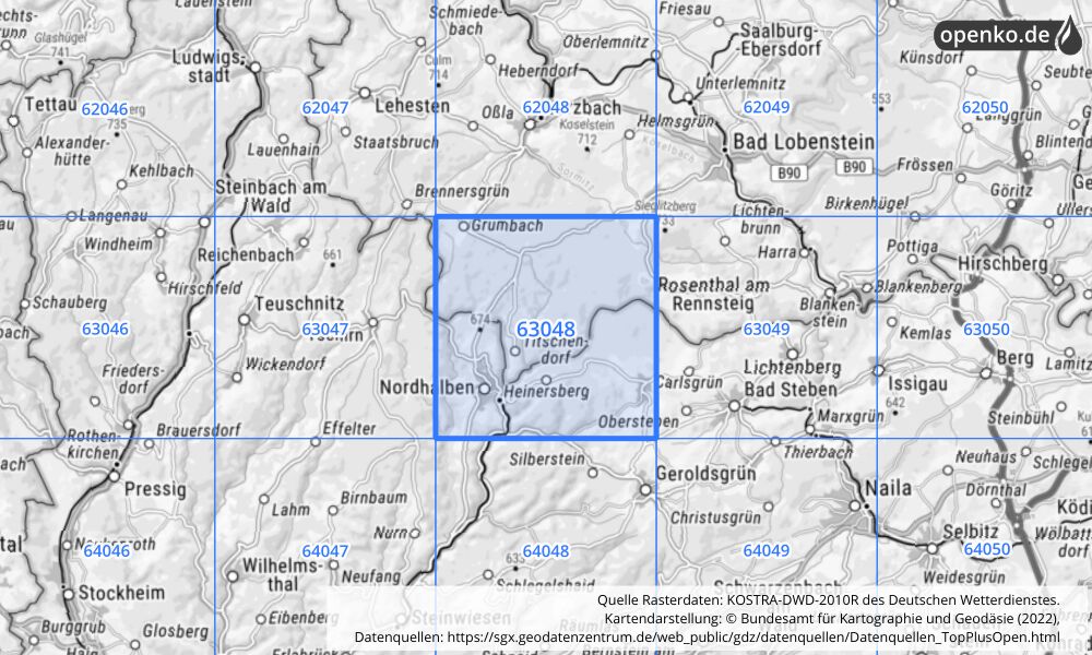 Übersichtskarte KOSTRA-DWD-2010R Rasterfeld Nr. 63048 mit angrenzenden Feldern