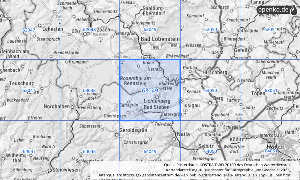 Übersichtskarte KOSTRA-DWD-2010R Rasterfeld Nr. 63049 mit angrenzenden Feldern