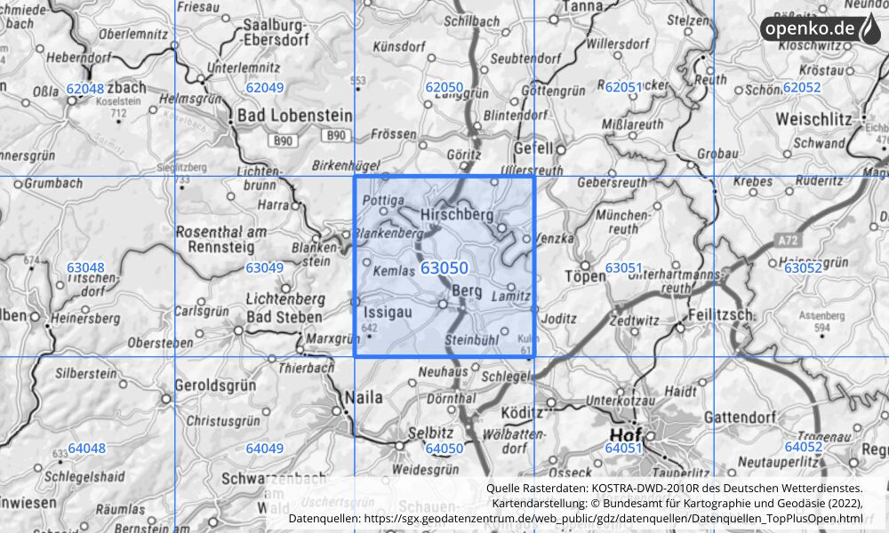 Übersichtskarte KOSTRA-DWD-2010R Rasterfeld Nr. 63050 mit angrenzenden Feldern