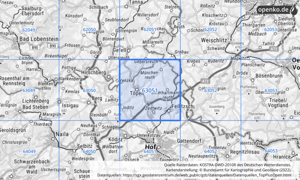 Übersichtskarte KOSTRA-DWD-2010R Rasterfeld Nr. 63051 mit angrenzenden Feldern