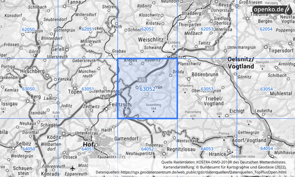 Übersichtskarte KOSTRA-DWD-2010R Rasterfeld Nr. 63052 mit angrenzenden Feldern