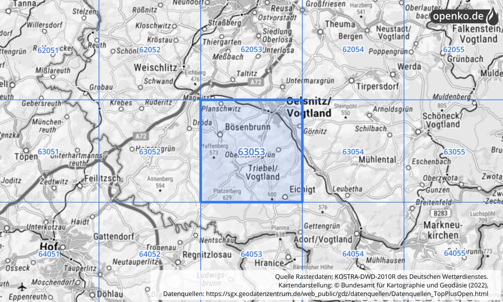 Übersichtskarte KOSTRA-DWD-2010R Rasterfeld Nr. 63053 mit angrenzenden Feldern