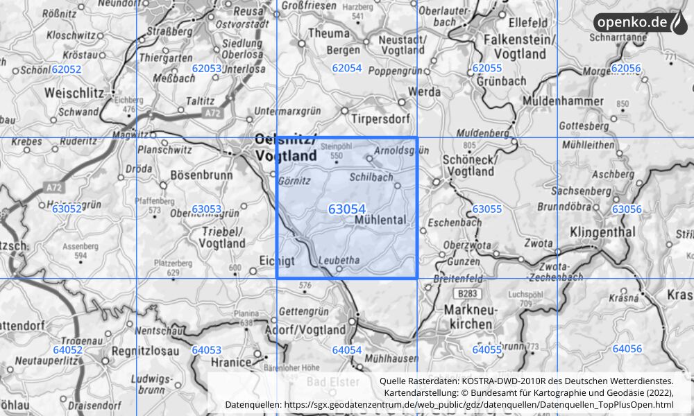 Übersichtskarte KOSTRA-DWD-2010R Rasterfeld Nr. 63054 mit angrenzenden Feldern