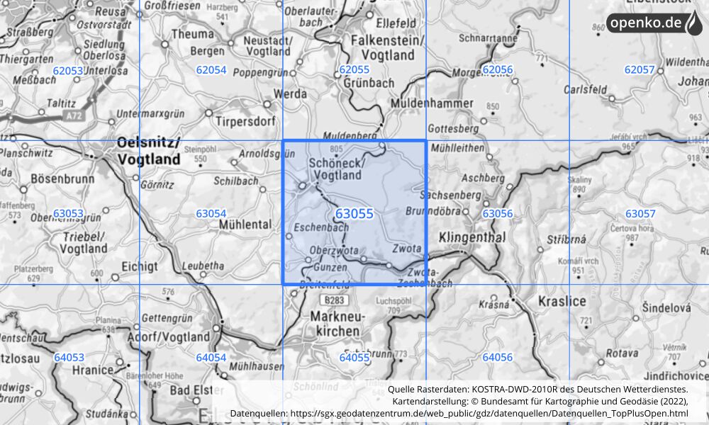 Übersichtskarte KOSTRA-DWD-2010R Rasterfeld Nr. 63055 mit angrenzenden Feldern