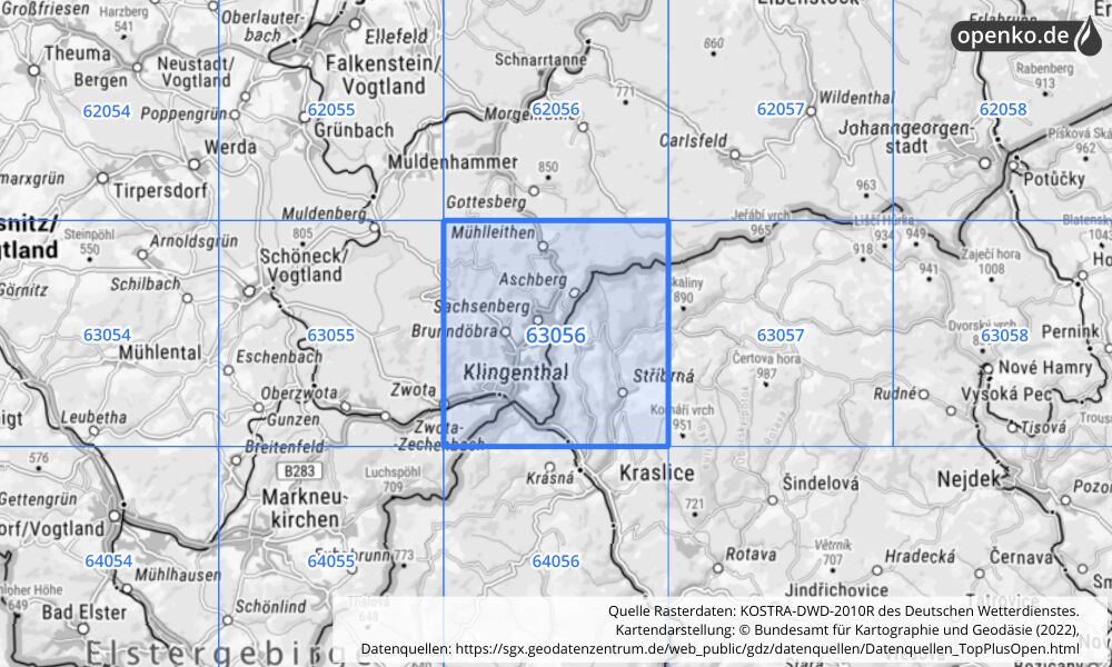 Übersichtskarte KOSTRA-DWD-2010R Rasterfeld Nr. 63056 mit angrenzenden Feldern