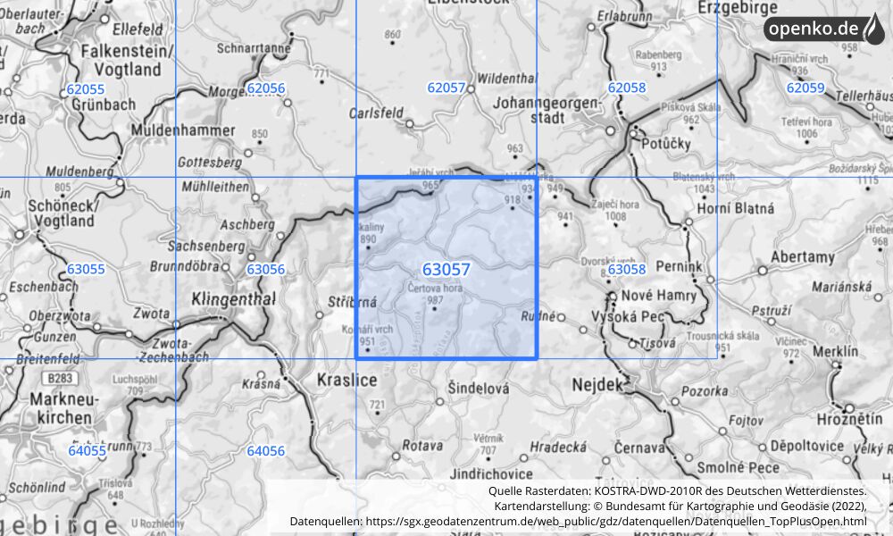 Übersichtskarte KOSTRA-DWD-2010R Rasterfeld Nr. 63057 mit angrenzenden Feldern