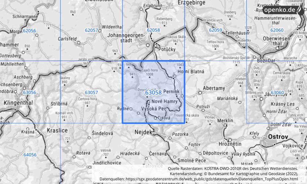 Übersichtskarte KOSTRA-DWD-2010R Rasterfeld Nr. 63058 mit angrenzenden Feldern