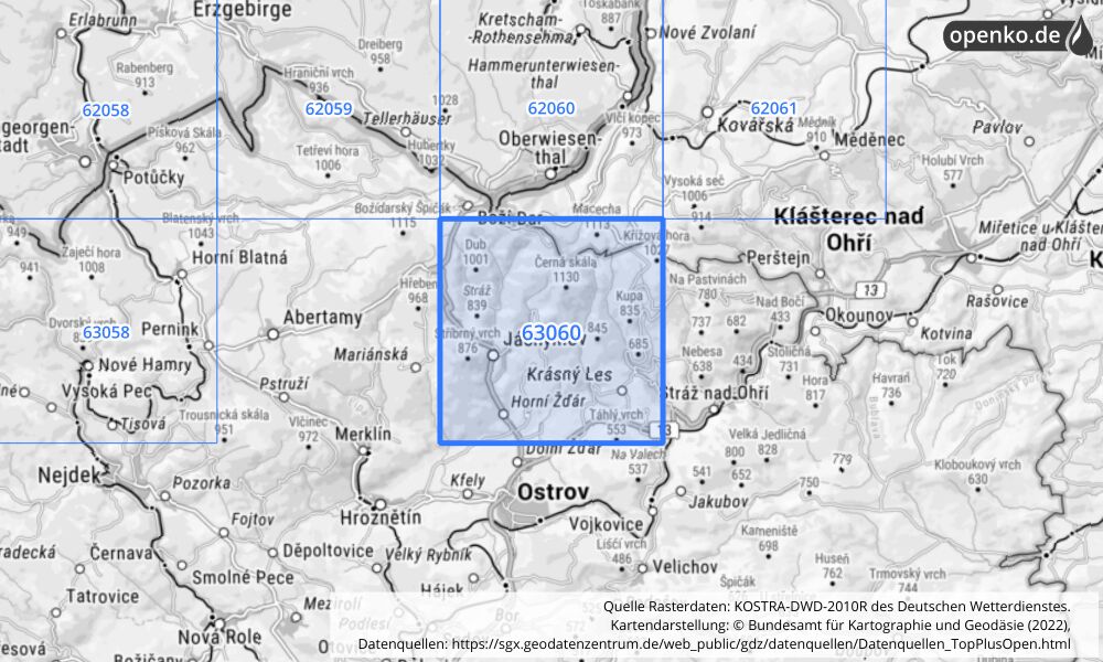 Übersichtskarte KOSTRA-DWD-2010R Rasterfeld Nr. 63060 mit angrenzenden Feldern