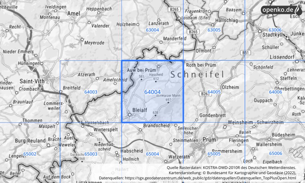 Übersichtskarte KOSTRA-DWD-2010R Rasterfeld Nr. 64004 mit angrenzenden Feldern