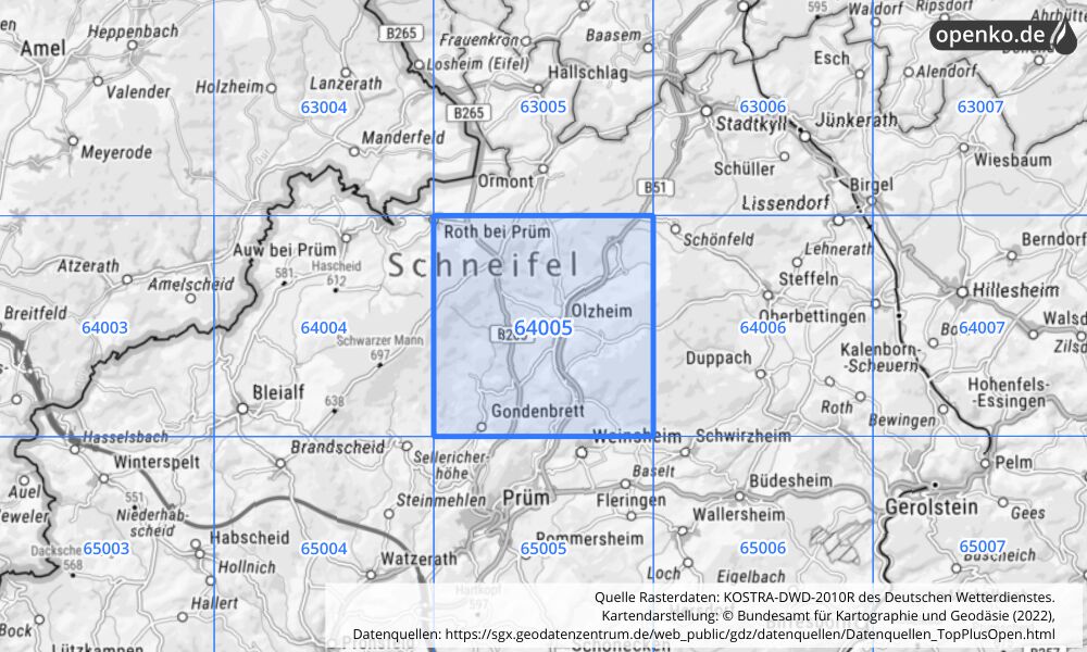 Übersichtskarte KOSTRA-DWD-2010R Rasterfeld Nr. 64005 mit angrenzenden Feldern