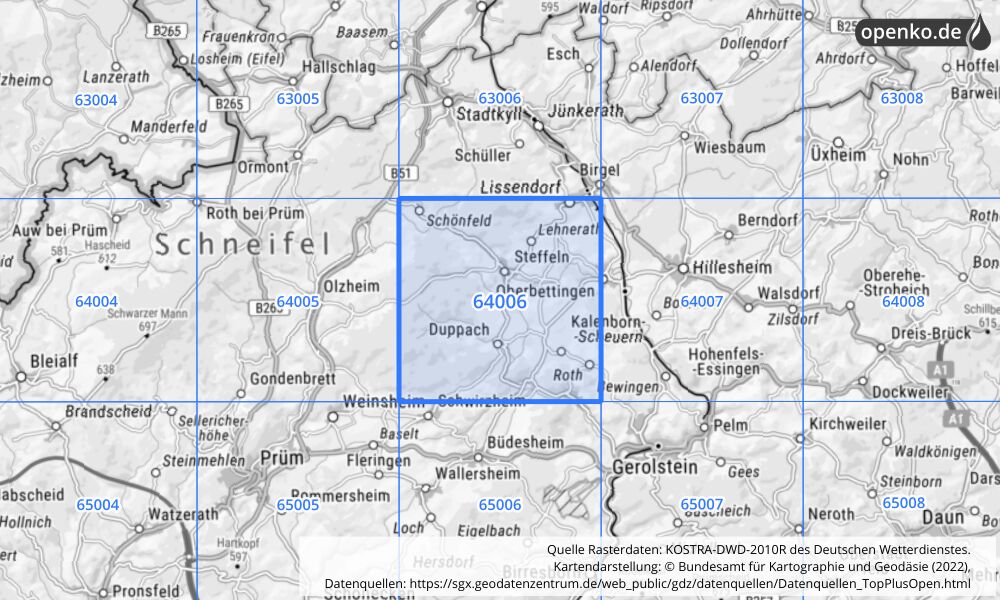 Übersichtskarte KOSTRA-DWD-2010R Rasterfeld Nr. 64006 mit angrenzenden Feldern