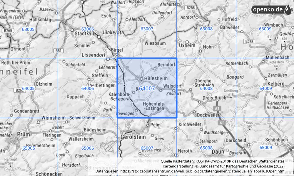 Übersichtskarte KOSTRA-DWD-2010R Rasterfeld Nr. 64007 mit angrenzenden Feldern