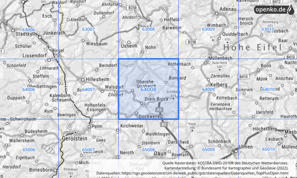 Übersichtskarte KOSTRA-DWD-2010R Rasterfeld Nr. 64008 mit angrenzenden Feldern