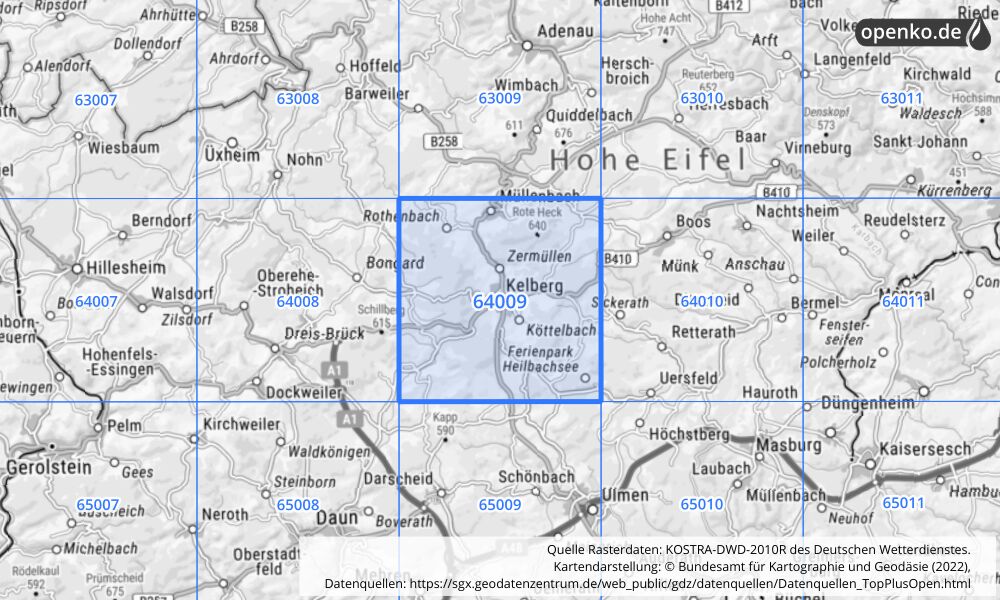 Übersichtskarte KOSTRA-DWD-2010R Rasterfeld Nr. 64009 mit angrenzenden Feldern