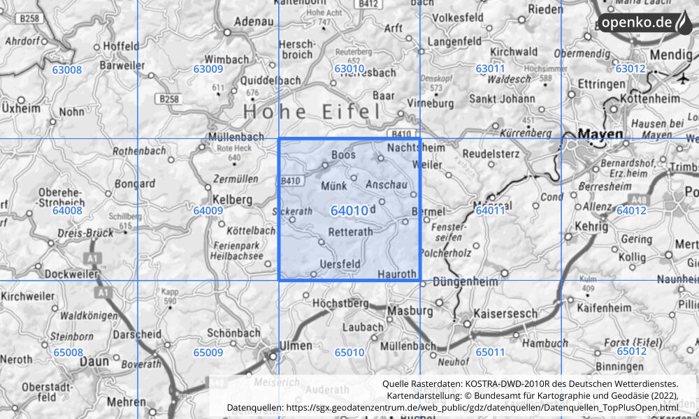 Übersichtskarte KOSTRA-DWD-2010R Rasterfeld Nr. 64010 mit angrenzenden Feldern