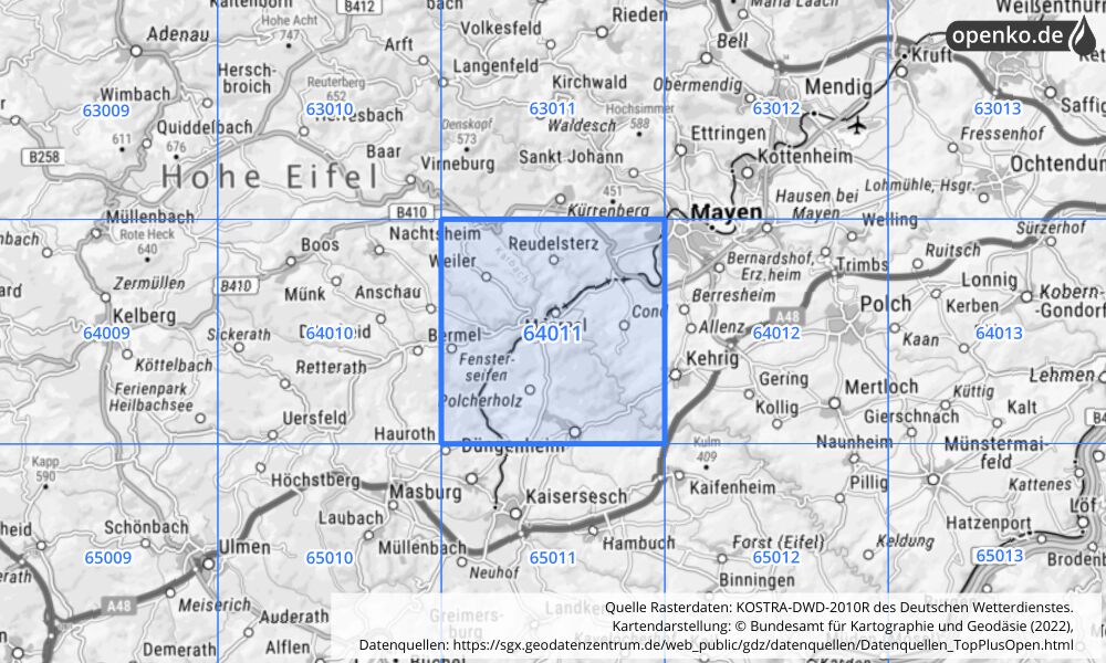 Übersichtskarte KOSTRA-DWD-2010R Rasterfeld Nr. 64011 mit angrenzenden Feldern