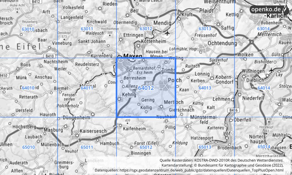 Übersichtskarte KOSTRA-DWD-2010R Rasterfeld Nr. 64012 mit angrenzenden Feldern